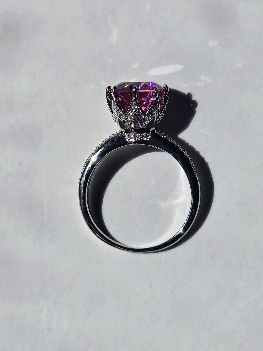 Pink Lotus & Moissanite Solitare Ring in Rhodium 2.91ct
