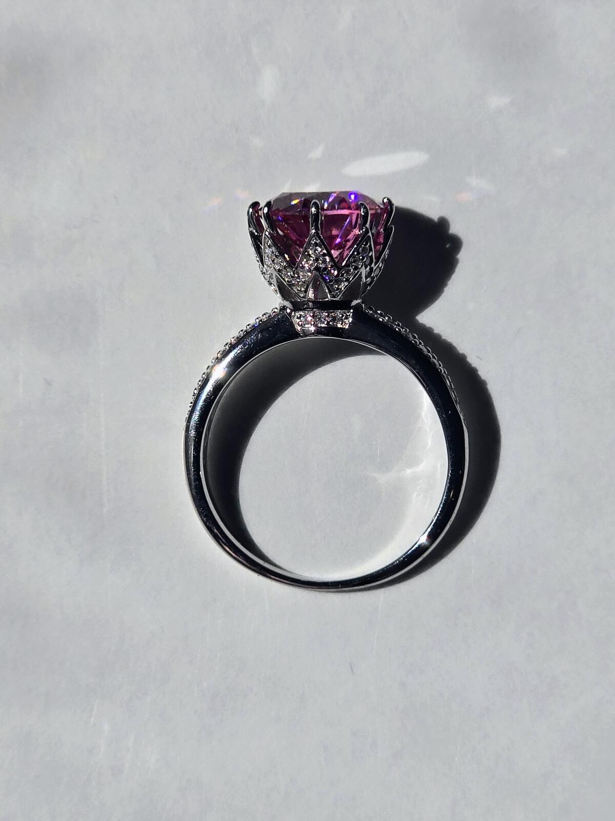 Pink Lotus & Moissanite Solitare Ring in Rhodium 2.91ct