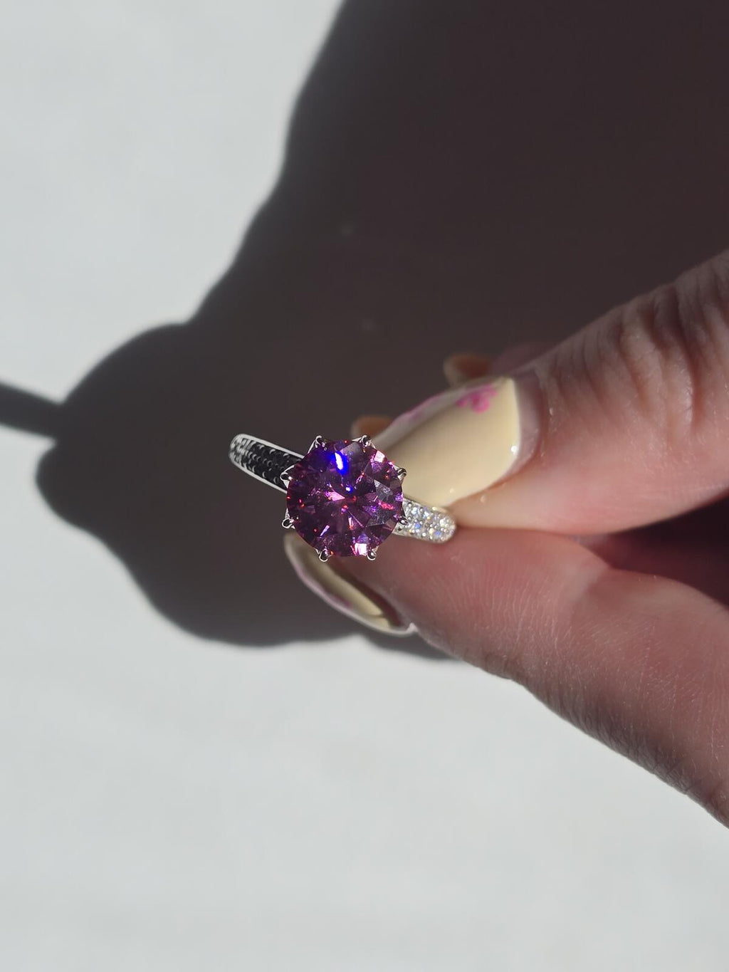 Pink Lotus & Moissanite Solitare Ring in Rhodium 2.91ct