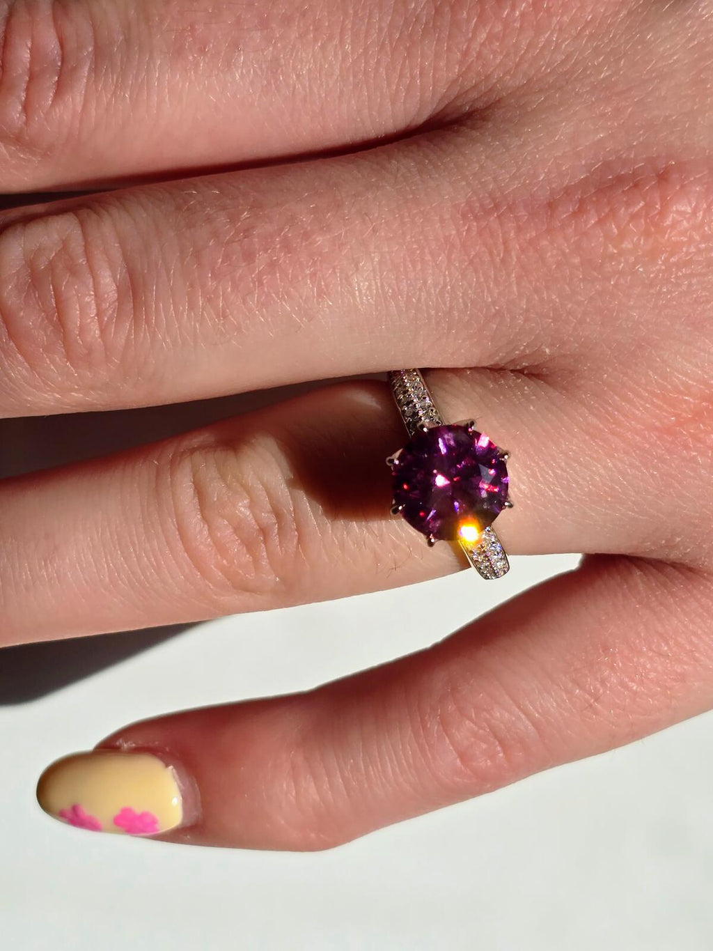 Pink Lotus & Moissanite Solitare Ring in Rhodium 2.91ct
