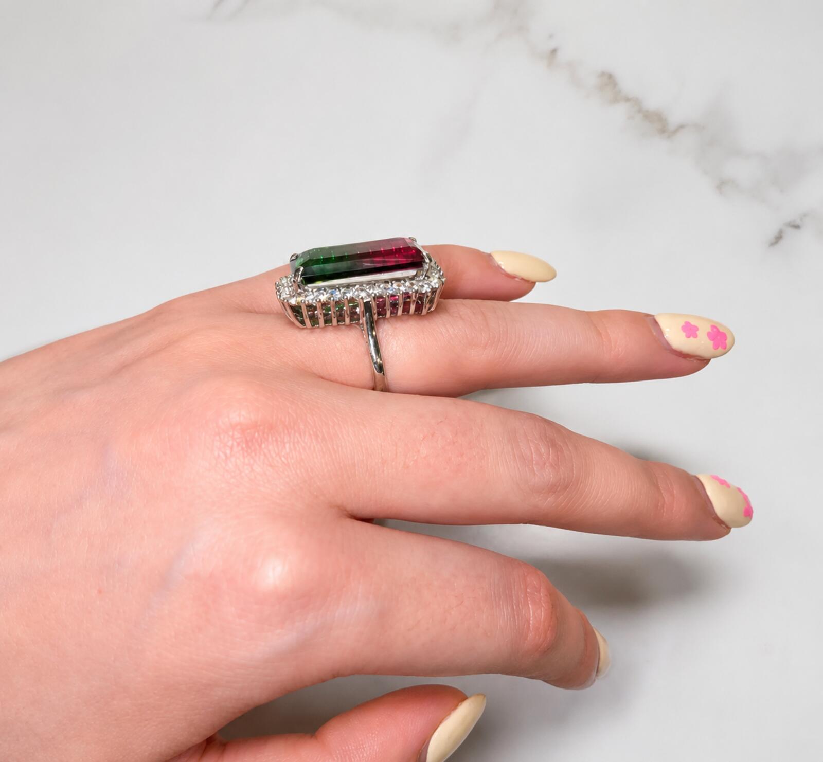 925 Ring with Platinum Overlay and watermelon opal