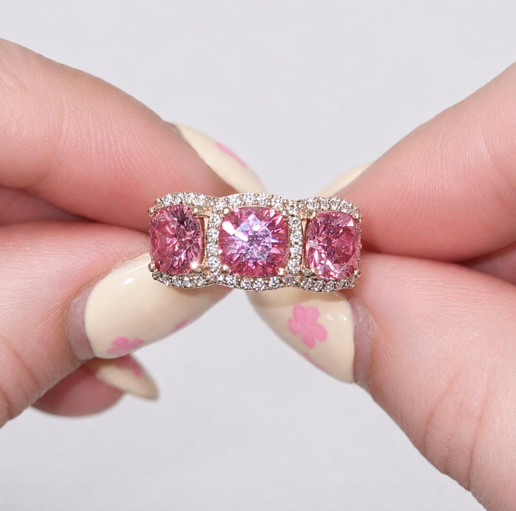 Cushion Cut Pink 3.45ct Moissanite Ring 8K Vermeil Rose Gold