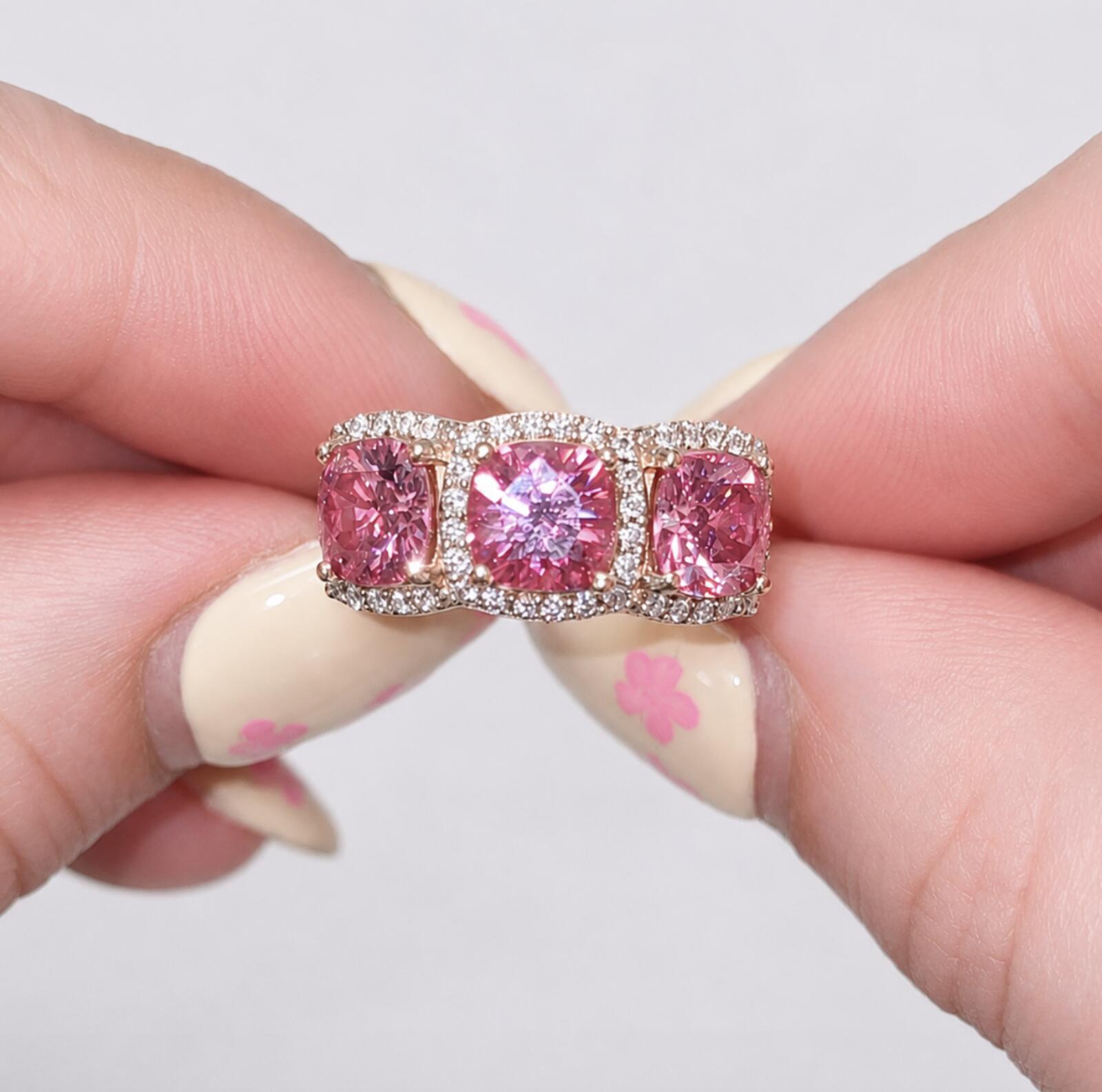 Cushion Cut Pink 3.45ct Moissanite Ring 8K Vermeil Rose Gold