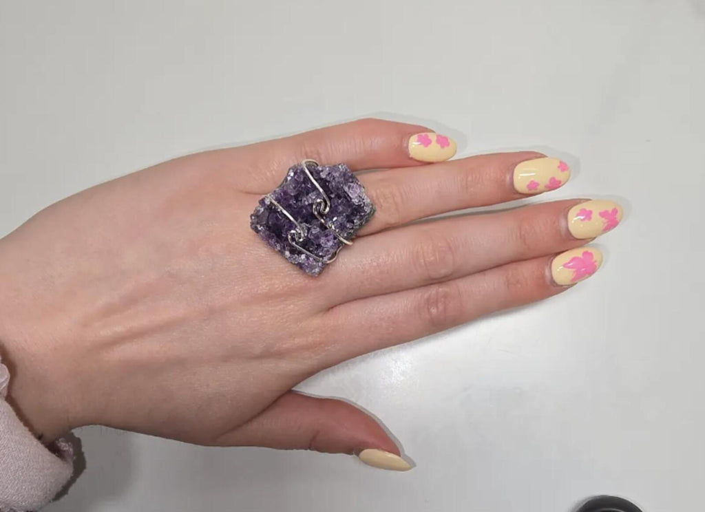 Handcrafted Amethyst Crystal Ring with Platinum Overlay