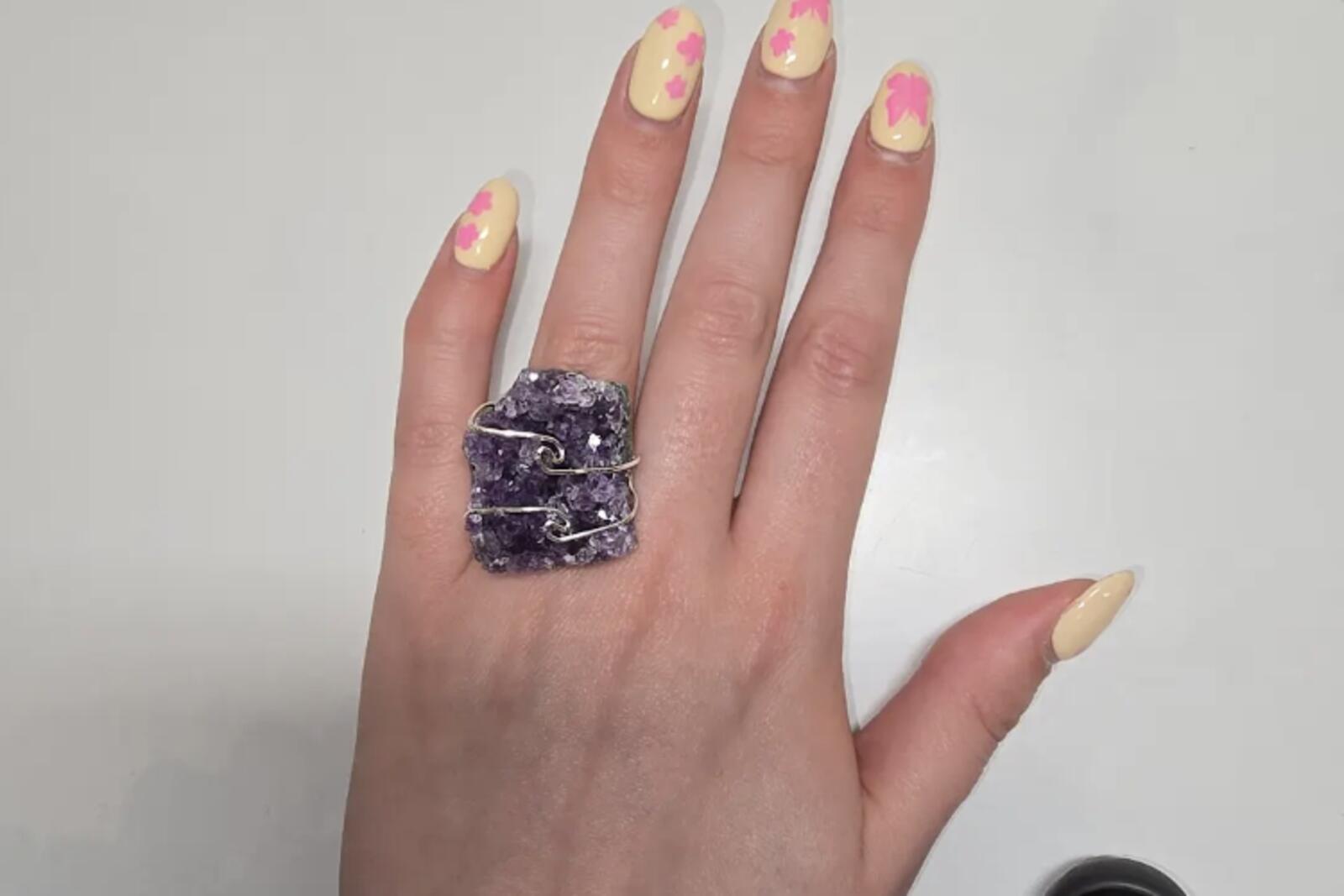 Handcrafted Amethyst Crystal Ring with Platinum Overlay
