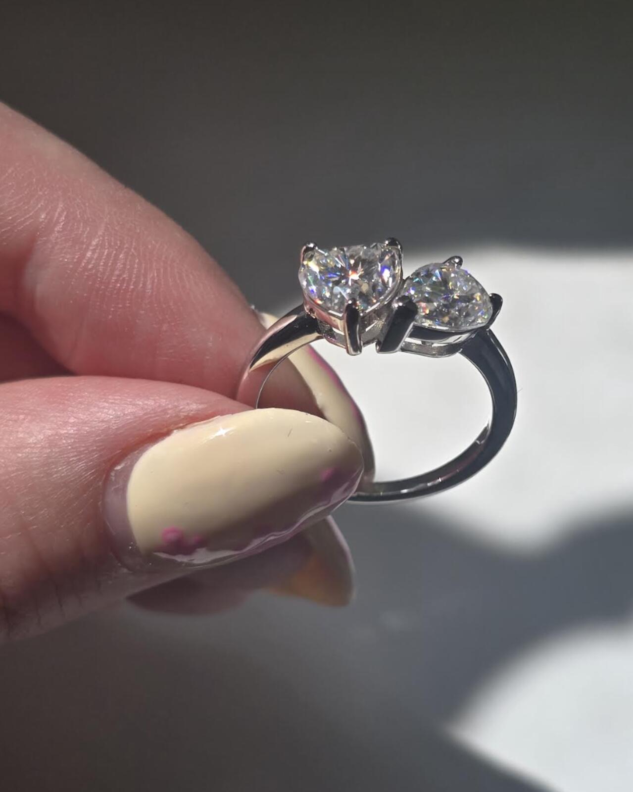 2.4ct TCW moissanite toi-et-moi ring platinum overlay