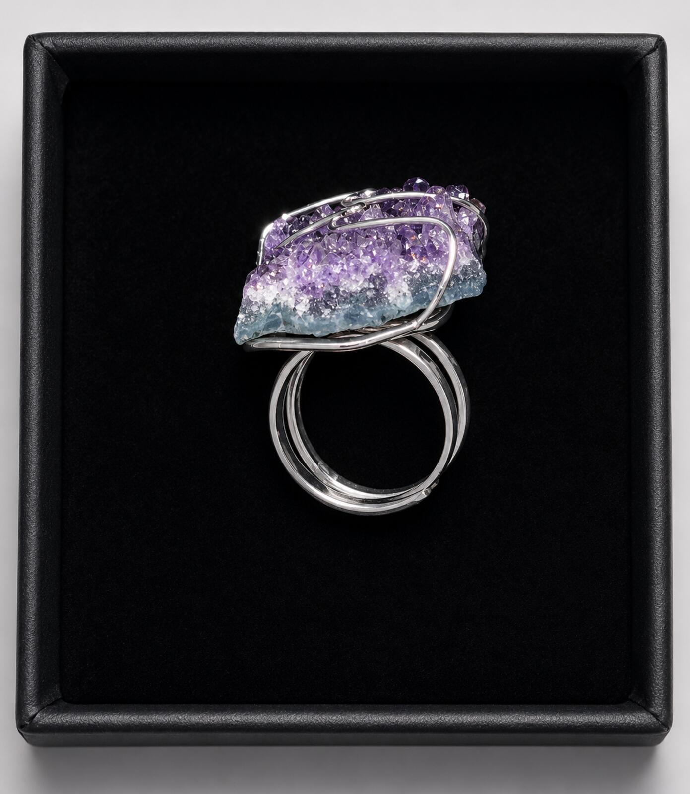 Handcrafted Amethyst Crystal Ring with Platinum Overlay