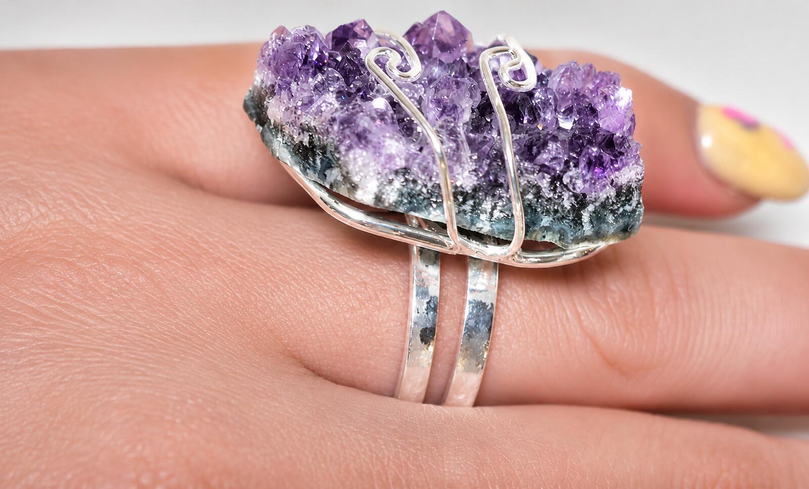 Handcrafted Amethyst Crystal Ring with Platinum Overlay