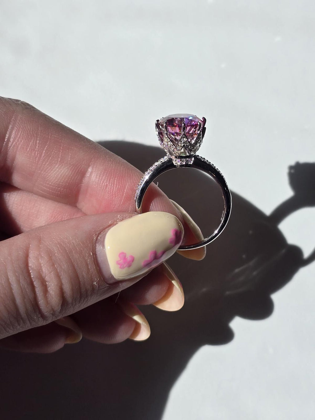 Pink Lotus & Moissanite Solitare Ring in Rhodium 2.91ct