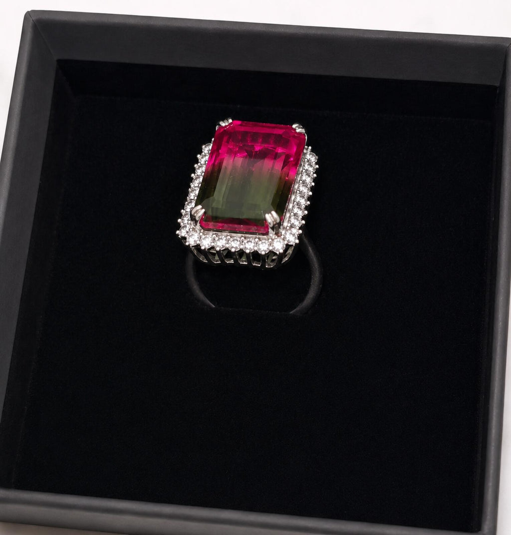 925 Ring with Platinum Overlay and watermelon opal