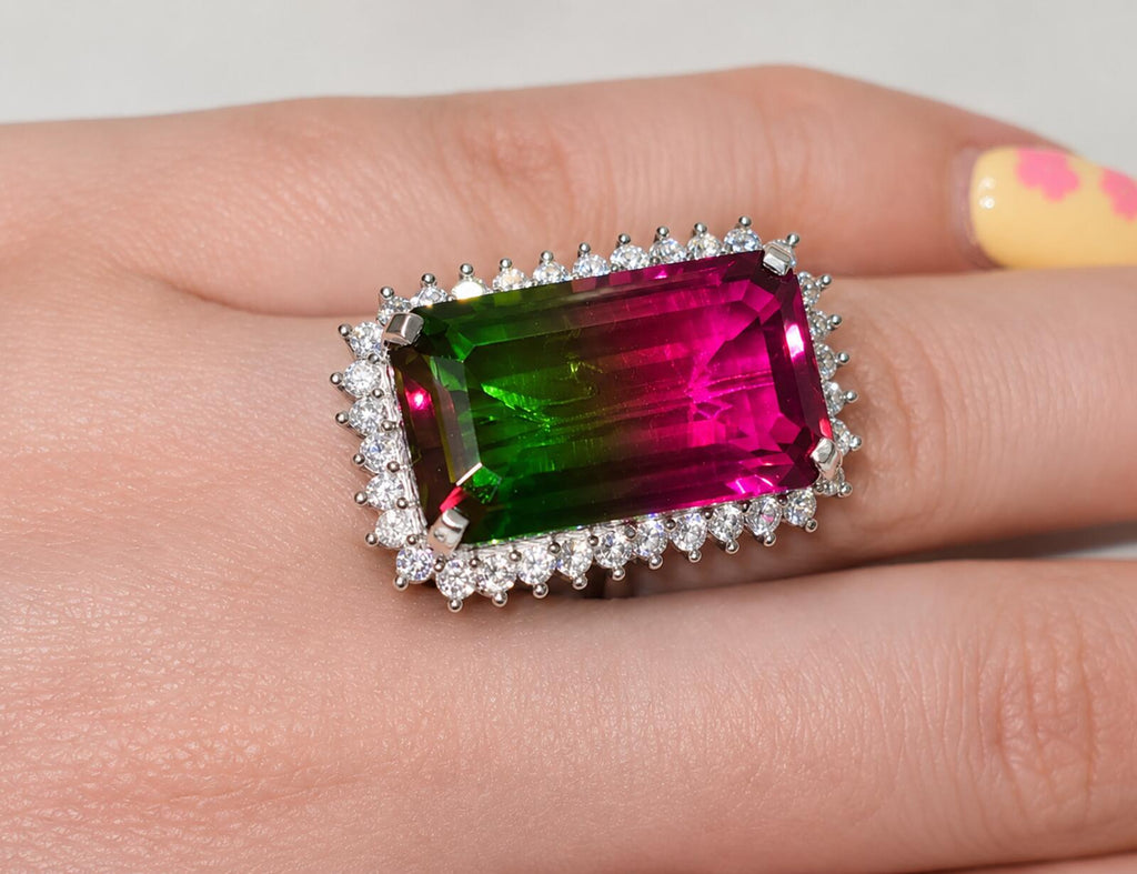 925 Ring with Platinum Overlay and watermelon opal